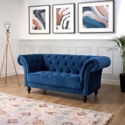Bravich Velvet Chesterfield Sofa - Blue. 2 Seater Sofa, Velvet Fabric Couch for Living Room Furniture. 2 Seater Settee, Easy Clean (2 Seater, Blue Sofa, 170cm x 58cm x 82cm)