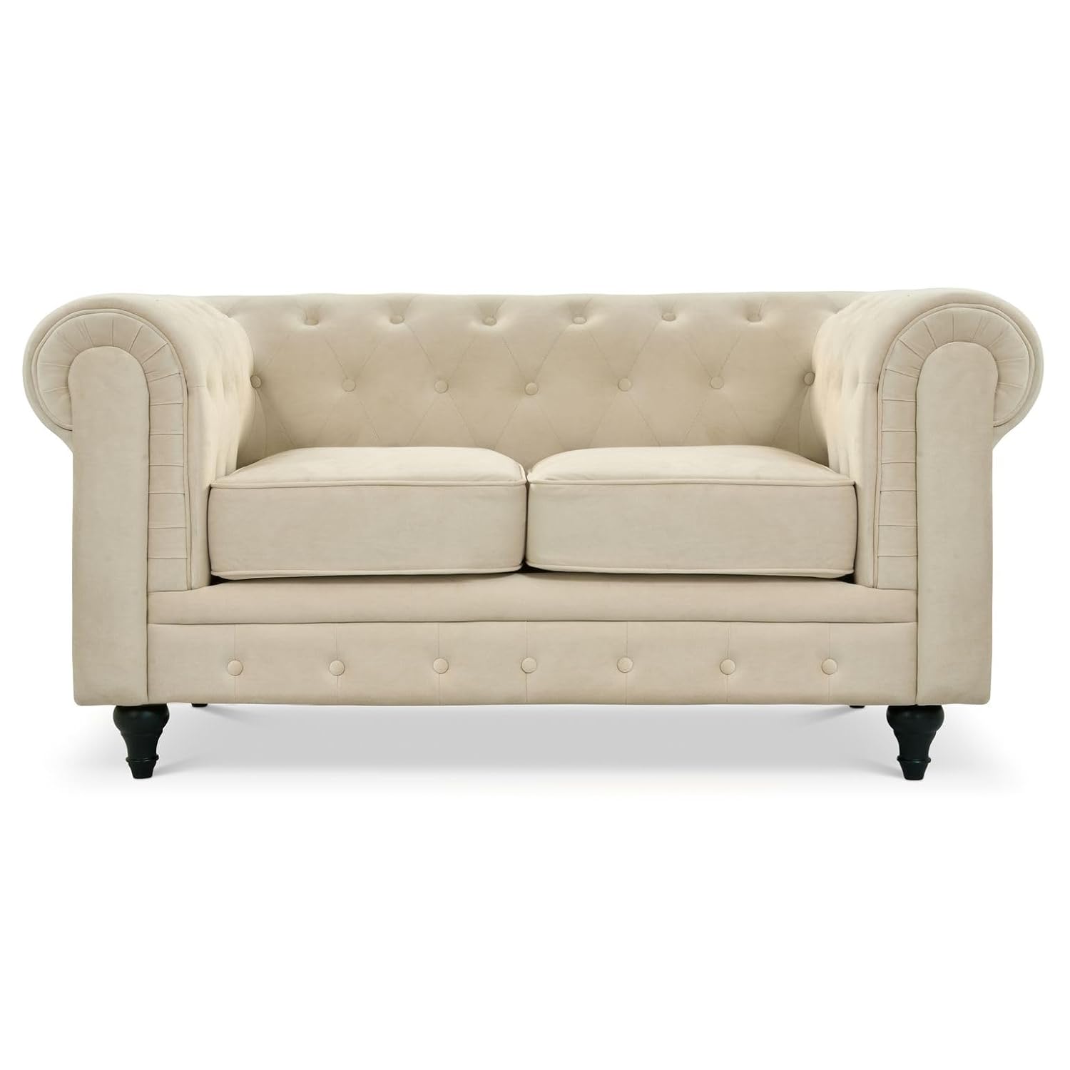Bravich Velvet Chesterfield Sofa- Cream. 2 Seater Settee, Soft Plush Fabric Couch. Living Room Furniture, Easy Clean. 2 Seater- 160cm x 90cm x 78cm
