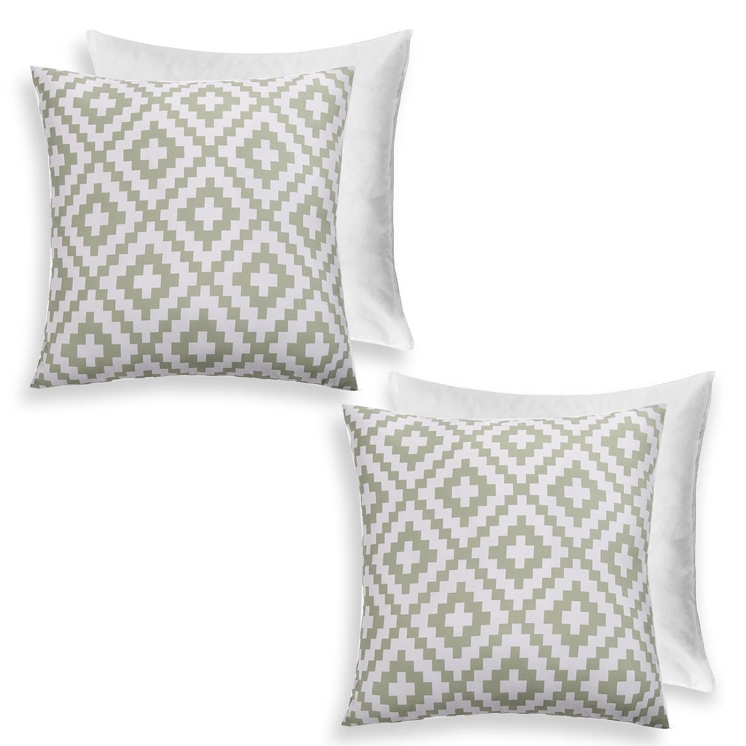 Brentfords Outdoor Filled Cushions with Covers Geometric Print, Outdoor Water Resistant Garden Furniture Pillow Super Soft Comfy Cushion Pads with Covers 2 Pack, Sage/White-45x45cm