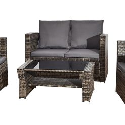 BUYEREMPIRE 4 Piece Outdoor Rattan Garden Furniture Set 1 Double seat Sofa, 2 Armchairs & 1 Glass Table Patio Conservatory Wicker Indoor/Outdoor Sitting with Cushions