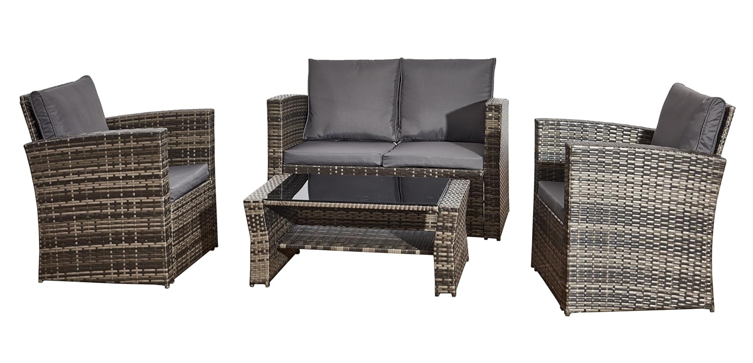 BUYEREMPIRE 4 Piece Outdoor Rattan Garden Furniture Set 1 Double seat Sofa, 2 Armchairs & 1 Glass Table Patio Conservatory Wicker Indoor/Outdoor Sitting with Cushions