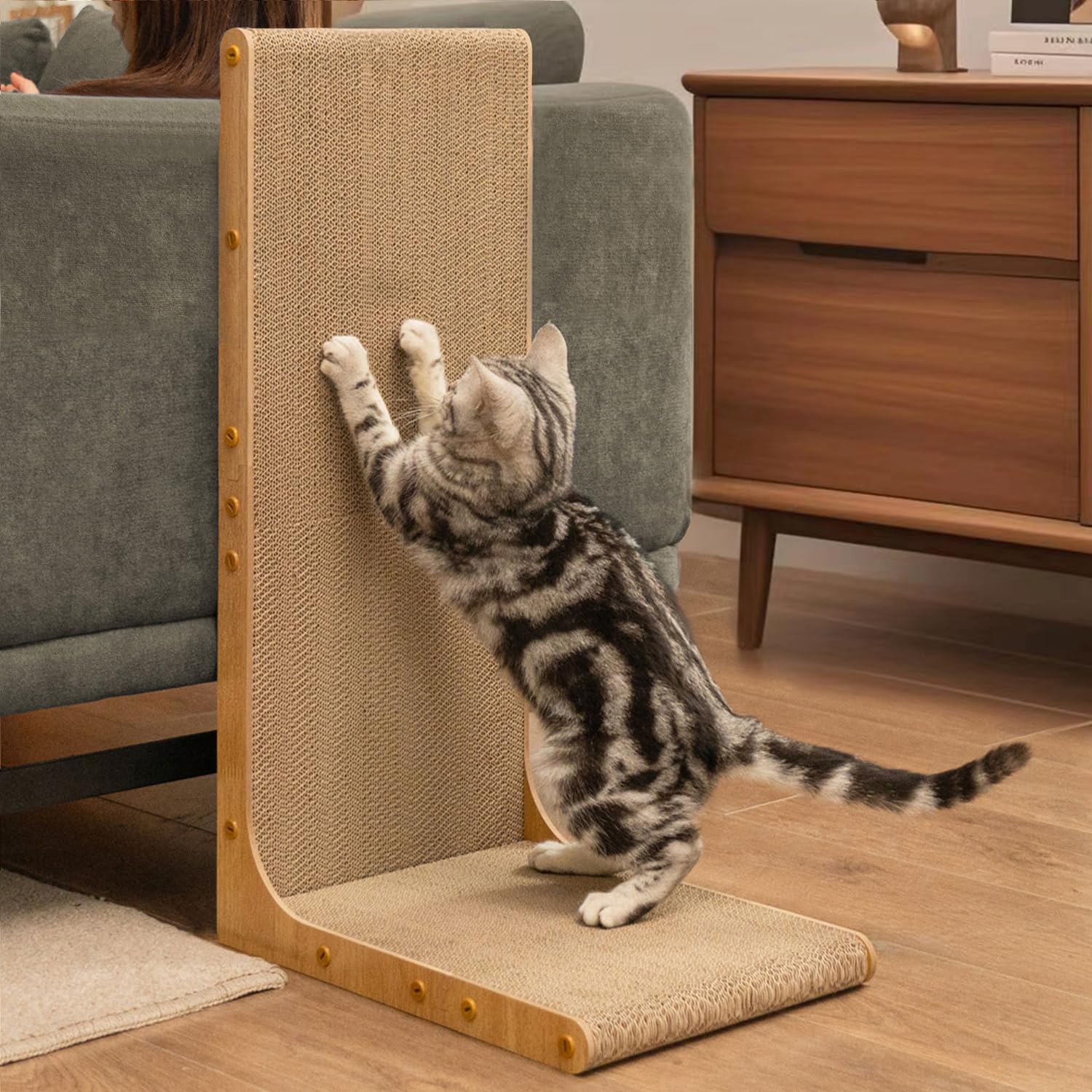 Cardboard Cat Scratcher,66 cm L Shape Scratch Pad Wall Mounted,Vertical Scratching Board, Durable Cardboard to Protect Furniture for Indoor Cats,Light Wood Junbo