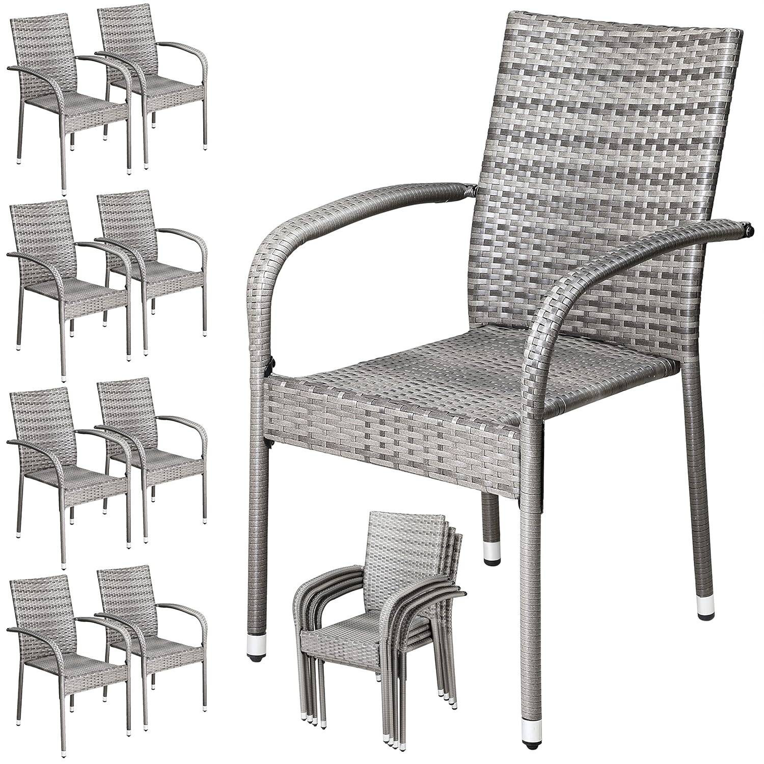CASARIA® Set of 8 Garden Chairs | Poly Rattan | Weather Resistant | Stackable | Lightweight | 160 kg Load Capacity | Armrests | Outdoor Furniture | Balcony Patio Terrace...