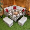 Champagne Boston Corner Rattan Dining Set with Fire Pit