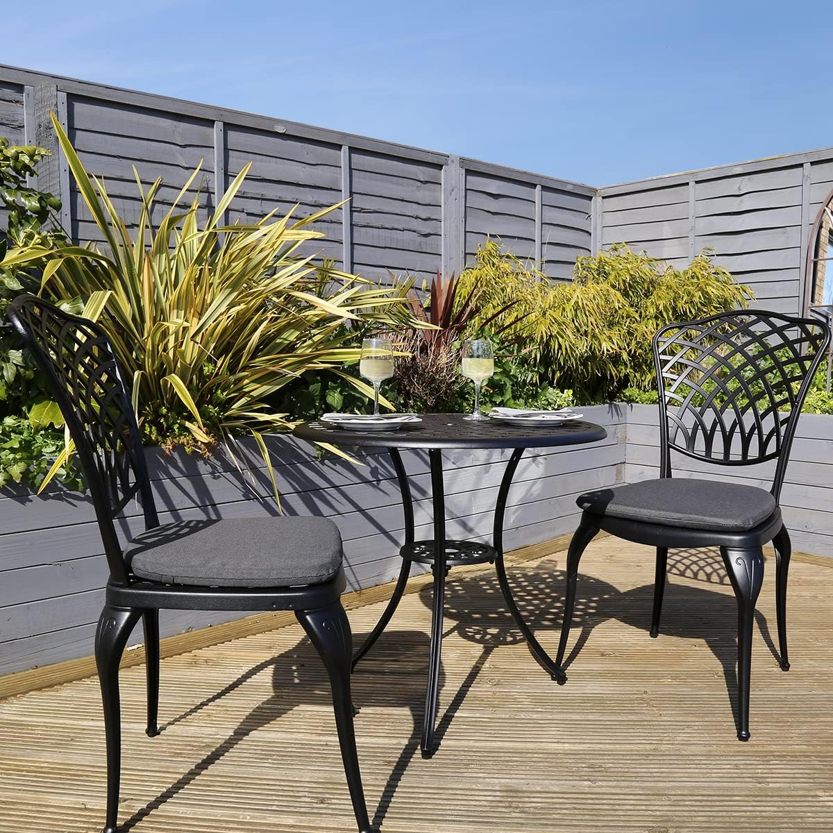 Charles Bentley Cast Aluminium Bistro Round Table And 2 Chairs Set, Black, Outdoor Table, with Dark Grey Cushions, Garden, Patio, With Central Hole For Parasol, Weatherproof,...