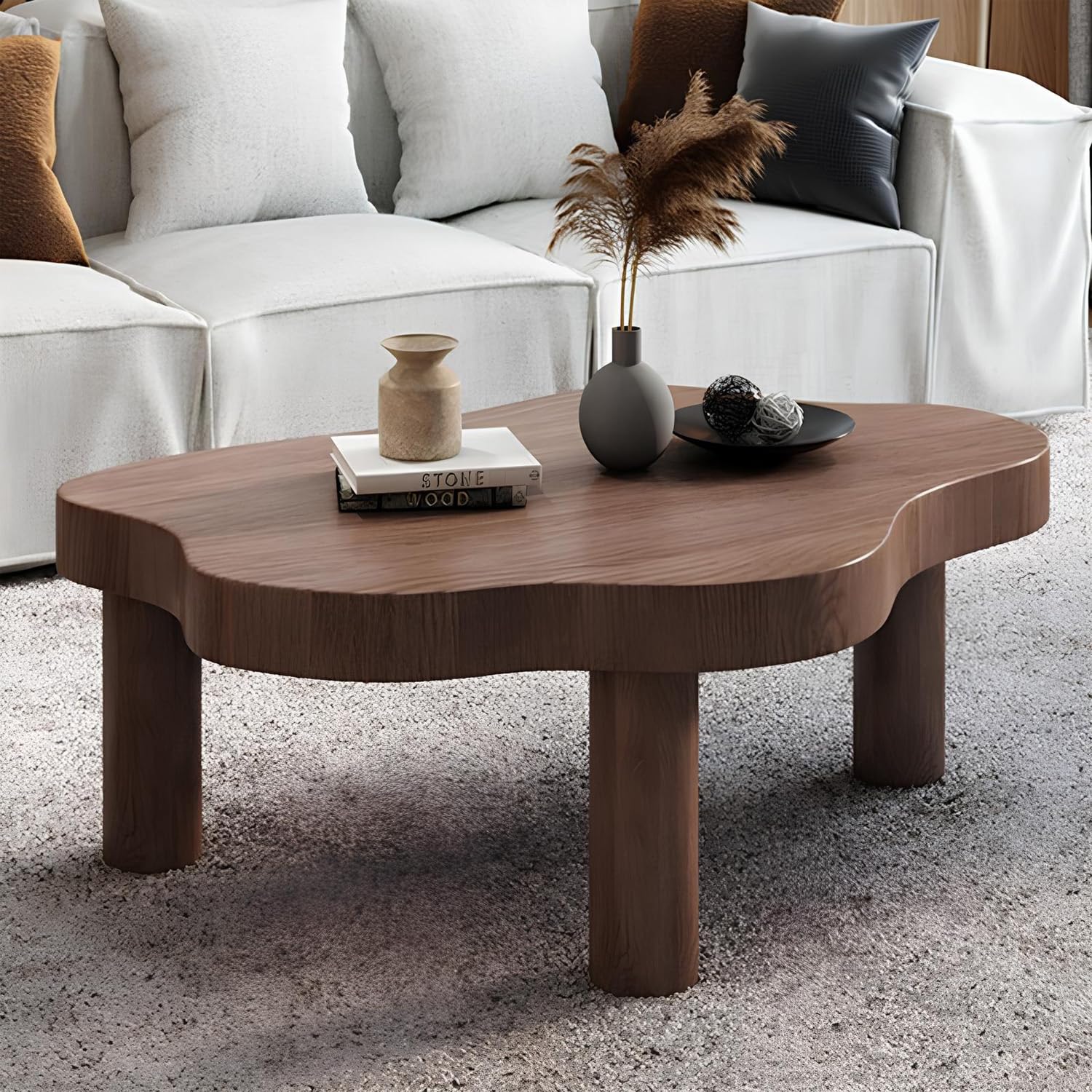 Cloud Shaped Coffee Table, Irregular Wood End Table With Round Corner and 3 Legs, Modern for Living Room Furniture