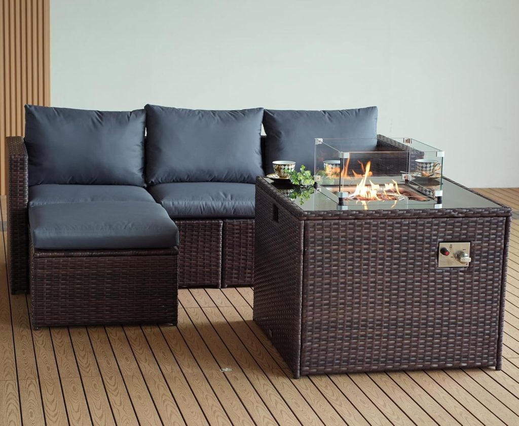 Corner Rattan Garden Furniture Set with Fire Pit Table – Outdoor Patio ...