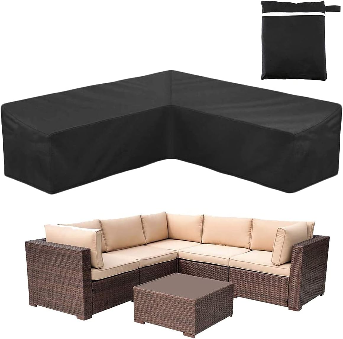 Corner Sofa Cover COOSOO Outdoor Garden Furniture Cover Waterproof Durable 210D Oxford V/L Shaped Sectional Couch Rattan Corner Sofa Table Chair Protection Cover with Storage...