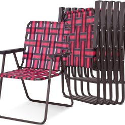 COSTWAY 6 PCS Folding Chair, Lightweight Beach Camping Chairs with Armrest, Fold up Picnic Deck Armchair Seat for Outdoor Garden Patio, Support 120kg (Red)
