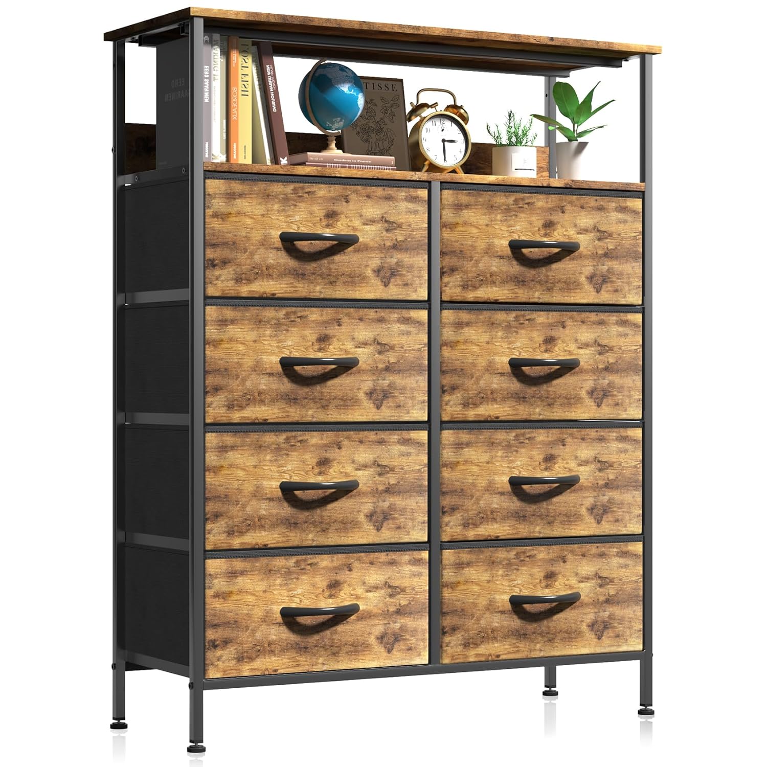 COWISH Chest of Drawer for Bedroom, Fabric Dresser with 8 Drawers, Tall Chest of Drawers with Open Storage Shelf, Wooden Top, Fabric Bins and Metal Frame, Rustic Brown