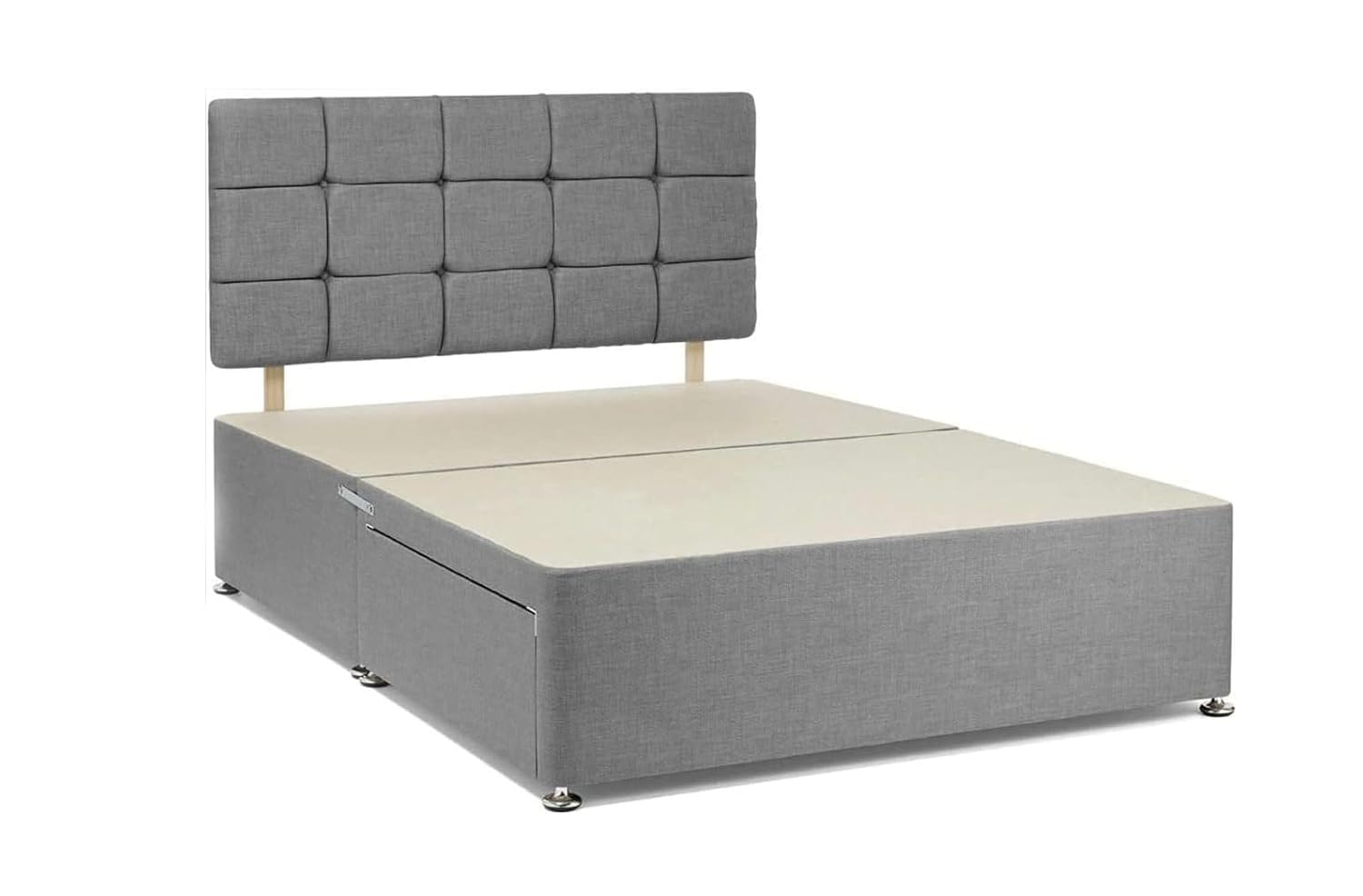 Divan Beds Deals - Grey Linen Divan Double Bed Frame | 20” Cube Headboard, 2 Storage Drawers & Spring Memory Foam Mattress – Durable & Stylish Design (190L x 135W x 30.5H cm)