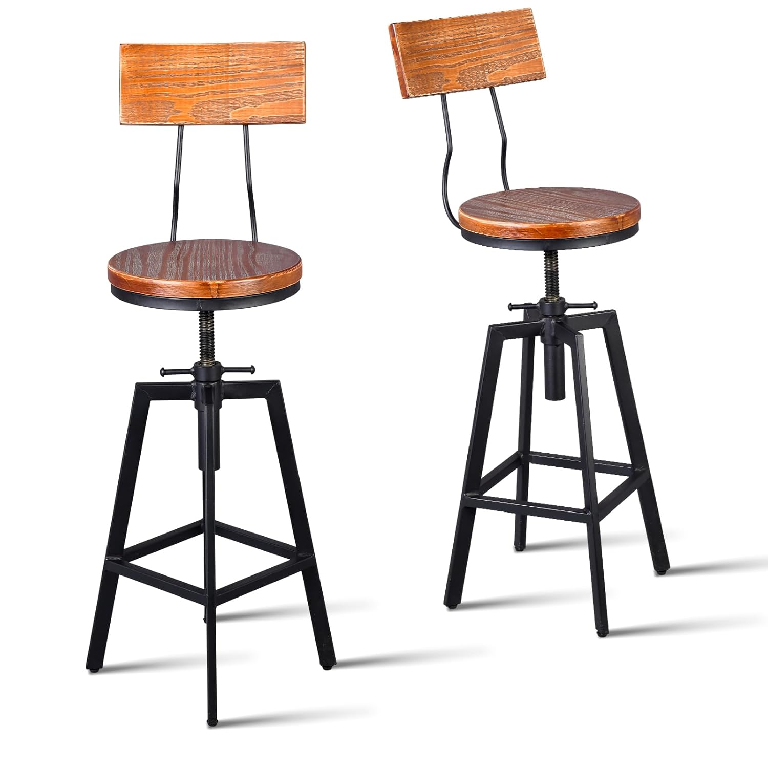 Diwhy Industrial Bar Stool Wood Metal Bar Stool,Adjustable Height Swivel Counter Height Bar Chair with Backrest,Black,Fully Welded Set of 2 (Brown Wooden Top with Wooden Backrest)