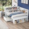 Double Bed with Storage Drawers and Slatted, Kids Platform Bed with Bookcase and Storage Cupboard, Multifunctional Children'S Bed, LVL, 4FT6-135x190cm, White, (No Mattress)
