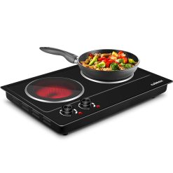 Electric Hob, CUSIMAX Double Hot Plate for Cooking, Electric Ceramic Hot Plate, Portable Double Infrared Cooktop with Dual Temperature Control, 2400W Countertop Cooktop, Heat-Up...