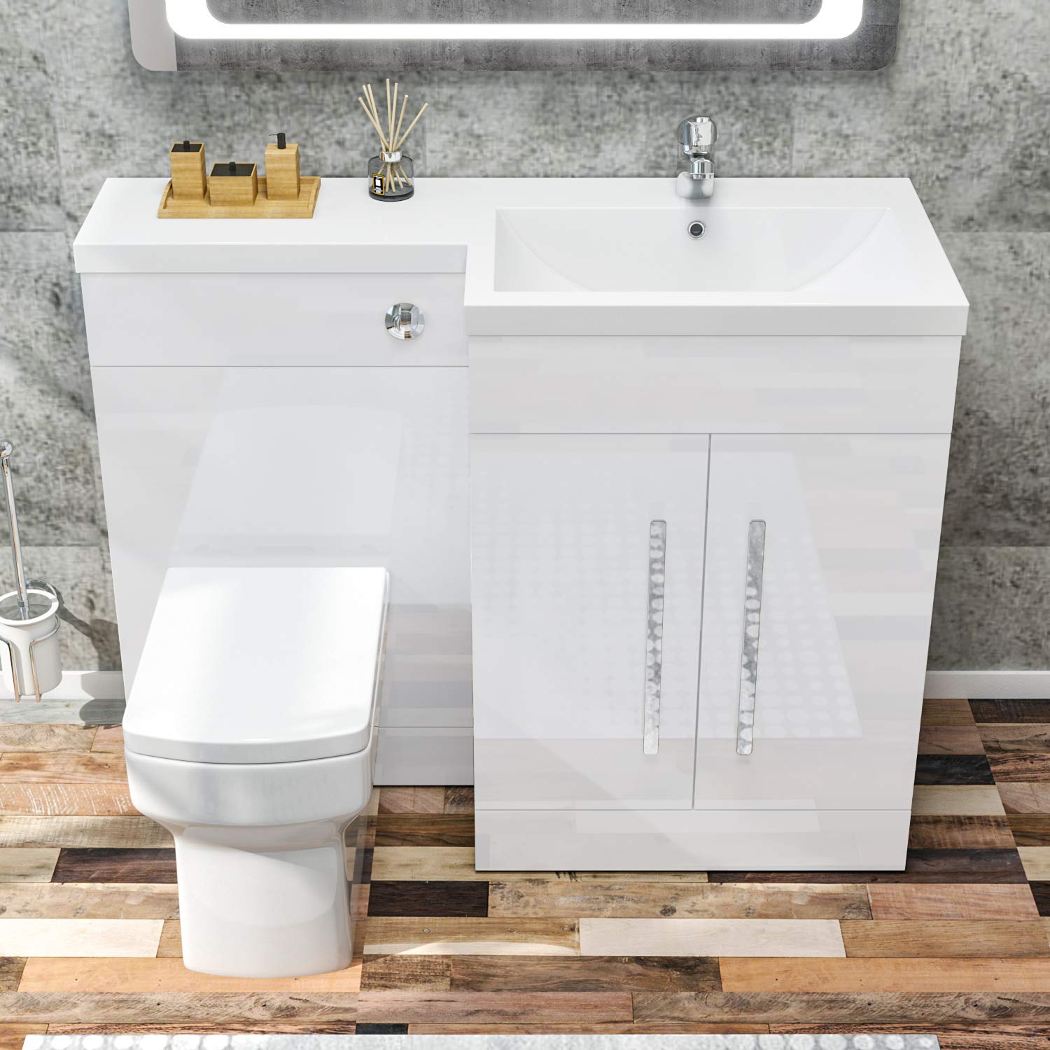 ELEGANT 1100mm L Shape Bathroom Vanity Sink Unit Furniture Storage,Right Hand High Gloss White Vanity unit + Basin + Ceramic Square Toilet with Concealed Cistern
