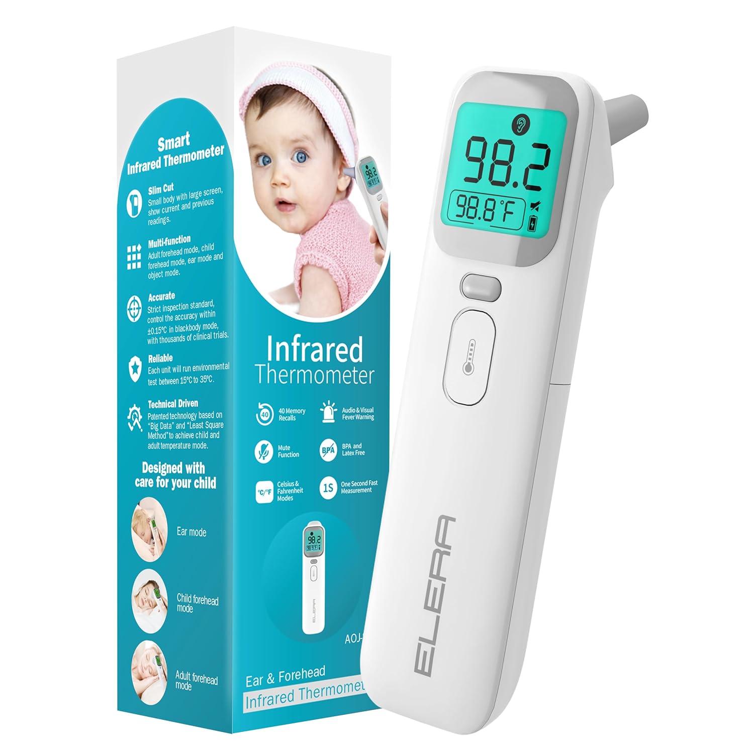 Elera Ear Thermometer for Kids, Baby Thermometer with Forehead and Ear Mode for Adults, Infant, Kids and Toddler, Touchless and 1 Second Reading with Fever Alarm and Mute Function