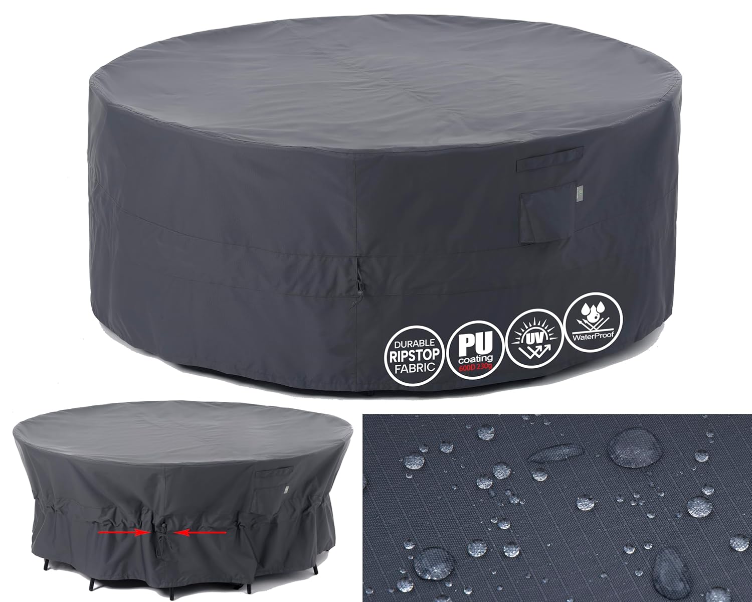 F&J Outdoors Garden Furniture Covers Waterproof Outdoor Table Cover Heavy Duty Tear Resistant Cinched Waist Windproof Round Garden Furniture Cover, Grey, 183x79cm
