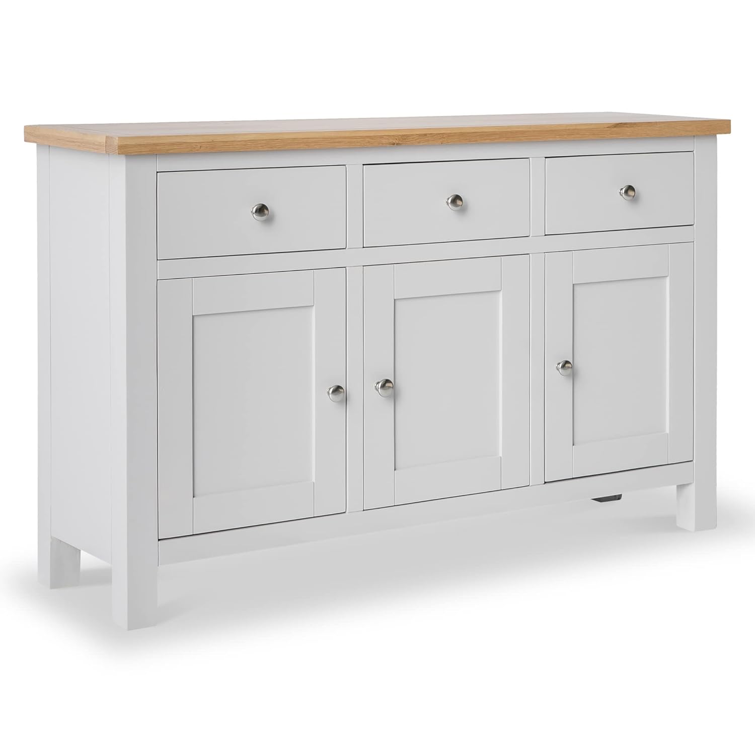 Farrow Grey Sideboard for Living Room Large Storage Cabinet with Oak Top | Fully Assembled Painted 3 Door Solid Wooden Cupboard with 3 Drawers for Hallway or Dining Room