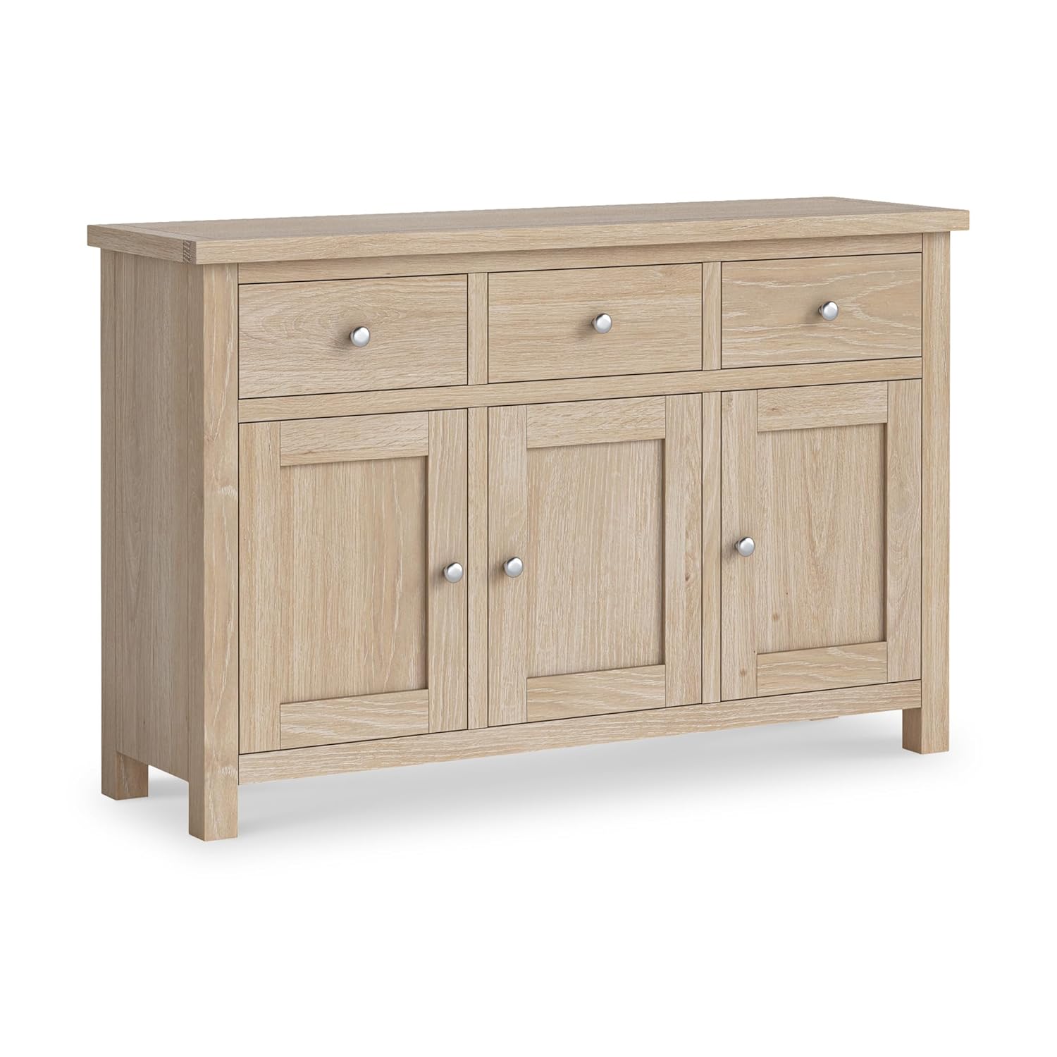Farrow Oak Sideboard for Living Room Large Storage Cabinet | Fully Assembled 3 Door Solid Wooden Washed Oak Cupboard with 3 Drawers for Hallway or Dining Room