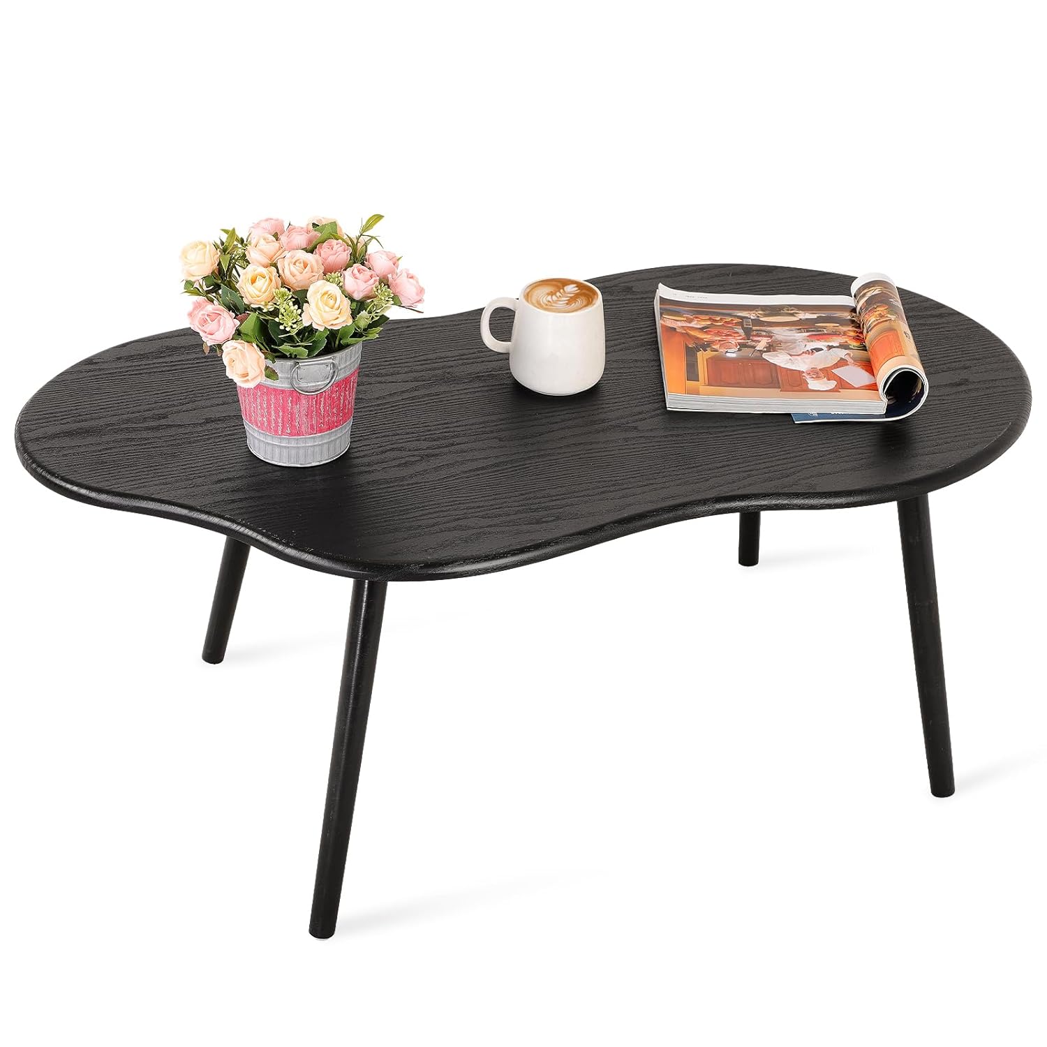 FEUFOAM Black Coffee Table Cloud Coffee Table for Small Spaces Modern Center Table Unique Irregular Coffee Table with Wood Legs Living Room Mid-Century Sofa Table
