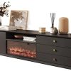 Fireplace Solid Wood Fireplace TV Table Luxury Cabinet Simulate Flames Modern Living Room Furniture Fireplace TV Cabinet(Black)