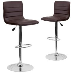 Flash Furniture Vincent 2 Pack Modern Brown Vinyl Adjustable Bar Stool with Back, Counter Height Swivel Stool with Chrome -Pedestal Base