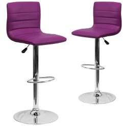 Flash Furniture Vincent 2 Pack Modern Purple Vinyl Adjustable Bar Stool with Back, Counter Height Swivel Stool with Chrome Pedestal Base