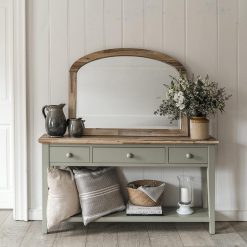 Florence Console Table. Stunning Sage Green console table with 3 drawers, shelf and brushed acacia top