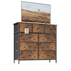 Flrrtenv Chest of Drawer with 9 Drawers, Modern Bedroom Cabinte, 9 Fabric Drawers with Wooden Top, Sturdy Metal Frame, Tall Rustic Brown Hallway Storage Unit