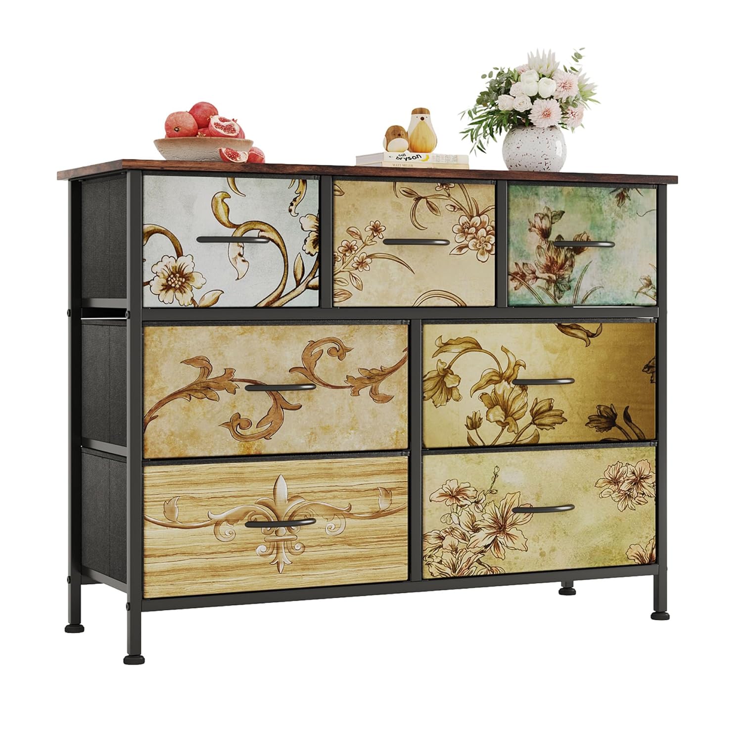 Flrrtenv Dresser with 7 Drawers for Bedroom, Tall Fabric Cloth Chest of Drawers with Metal Frame for Living Room Bedroom Hallway, Rustic Brown