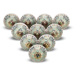 FURNISHFUL FINESSE Cabinet Knobs Boho Ceramic Dresser Pull Handle Kitchen Assorted Kitchen Cupboard Farmhouse Decor Furniture Green Gold Wardrobe Décor Knobs-Pack of 10