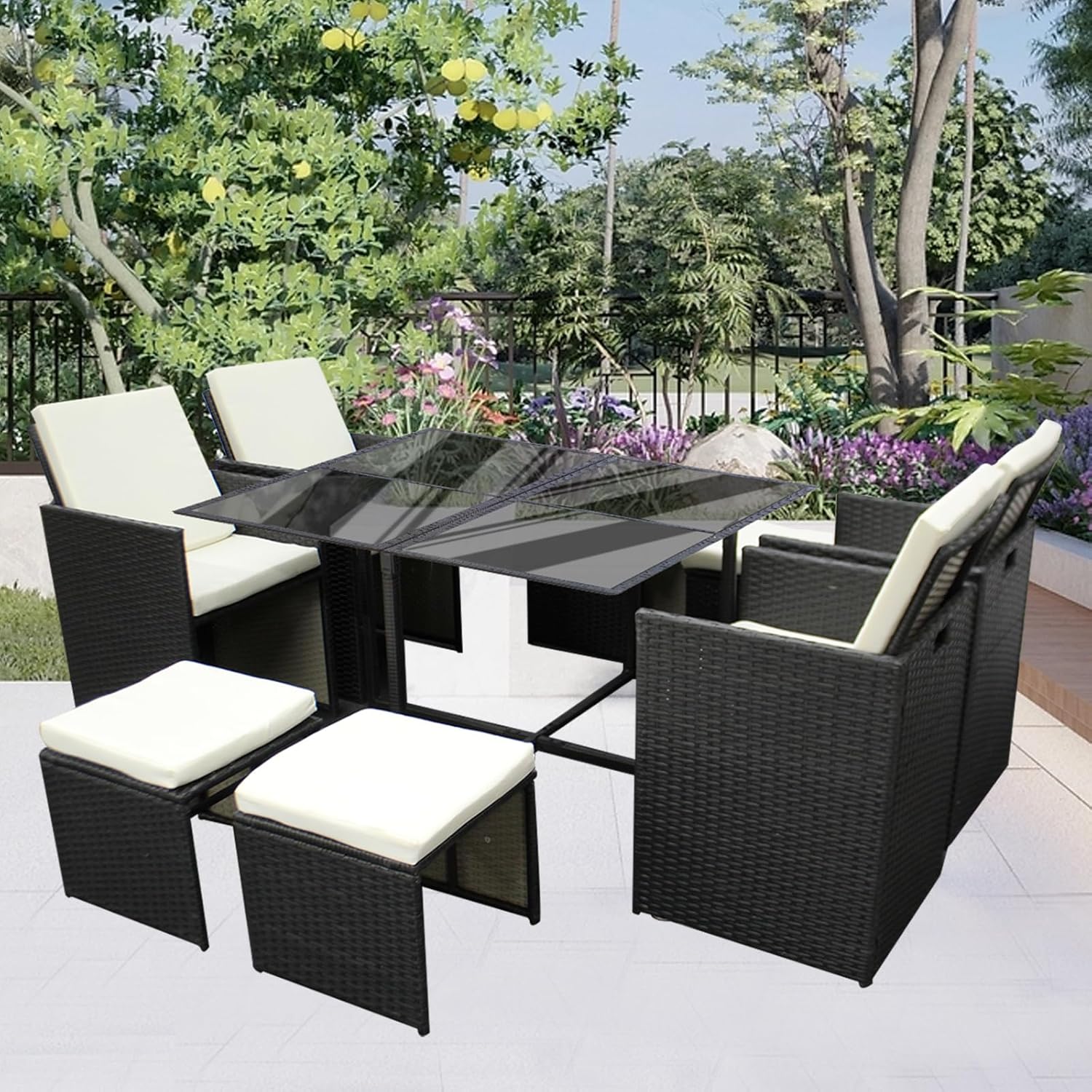 GadgetHaven Garden Furniture,rattan garden furniture with Waterproof Cushions, Tempered Glass Table & Storage Cover - Space Saving Design for Poolside/Garden 6141-B (Black with...