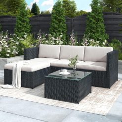 Garden Corner Sofa rattan Garden Furniture Patio Set Garden Entertaining Set Garden Rattan Furniture Lounge Set, 3-Seater Sofa, Stool, Coffee Table, Black, 2022 New UK...