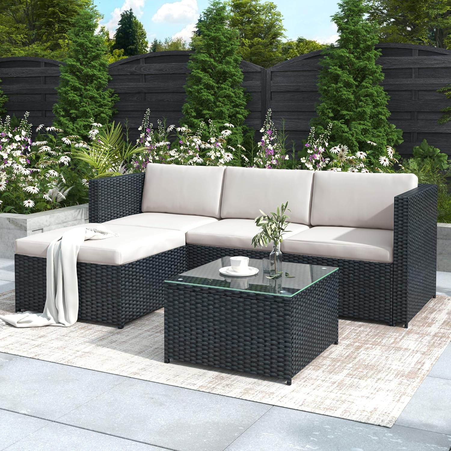 Garden Corner Sofa rattan Garden Furniture Patio Set Garden Entertaining Set Garden Rattan Furniture Lounge Set, 3-Seater Sofa, Stool, Coffee Table, Black, 2022 New UK...