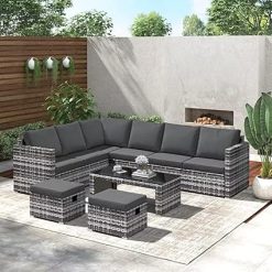 Garden Furniture Sets, Garden Corner Sofa Set, 8 Seater Rattan Sofa Outdoor Furniture with Coffee table 2 stools【UK Fast Delivery】