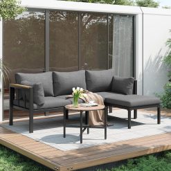 Garden Furniture Sets, Outdoor Corner Sofa, Patio Furniture with Sofa, Coffee Table, Footstool, Galvanized Steel Tube, Glass Table Top, Suitable for Gardens, Balcony and Other...