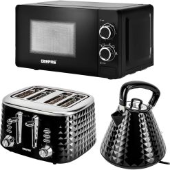 GEEPAS CO8061T552O1899-BK Electric Kettle, Bread Toaster & Microwave Set, Plastic
