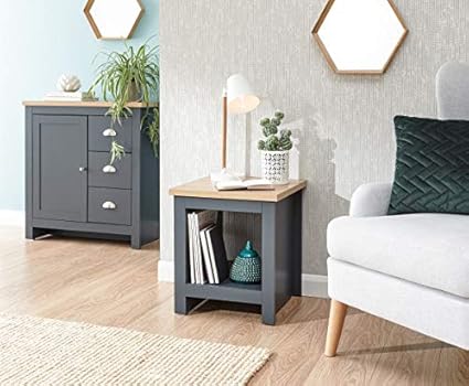 GFW Lancaster Wooden Side Table with Shelf & Oak Contrast Top, Living Room Side Table Furniture For Display & Storage, Oak, Slate Blue, 45 x 50.5 x 45 cm