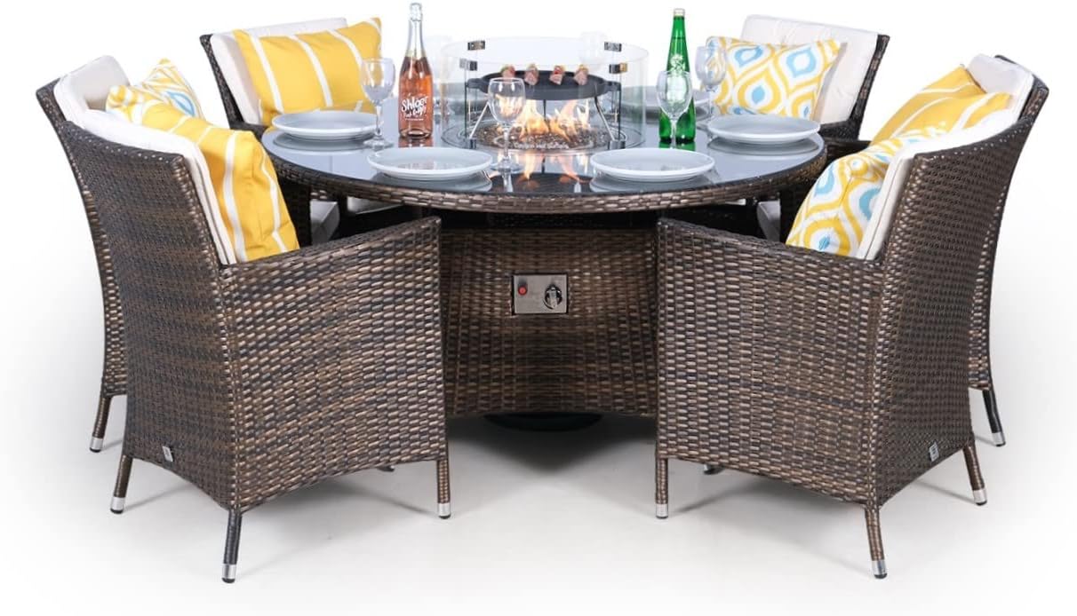 Giardino Savannah Gas Fire Pit Outdoor 6 Seater Round Rattan Dining Set - Brown