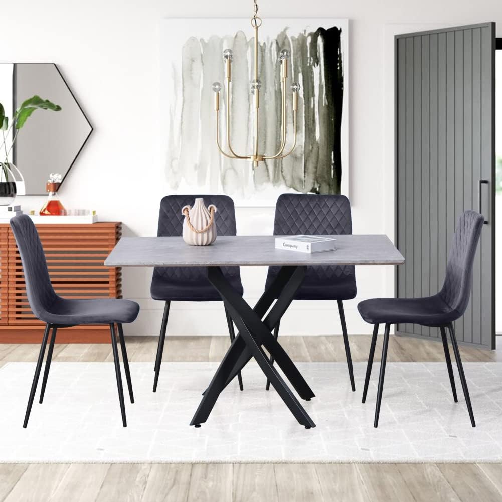 GOLDFAN Wooden Dining Table and Chairs Set 4 Rectangular Kitchen Table and Velvet Chairs Industrial Style Dining Room Sets,Grey/120CM