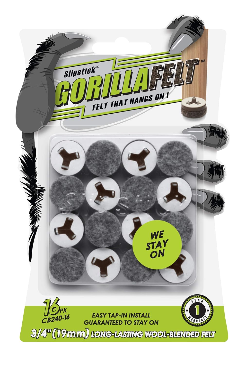 GorillaFelt ¾ Inch Chair Leg Floor Protectors/Felt Glides (Set of 16) Tap On Felt Furniture Pads Guaranteed to Stay On, Round Sliders, CB240-16
