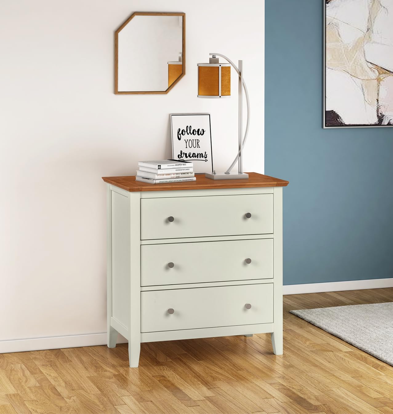Hallowood Furniture Clifton Oak Small Chest of Drawers, Green Off White Chest of Drawers, Light Oak Top Wooden Chest of Drawers for Living Room, Small Dresser, Bedroom Chest of...