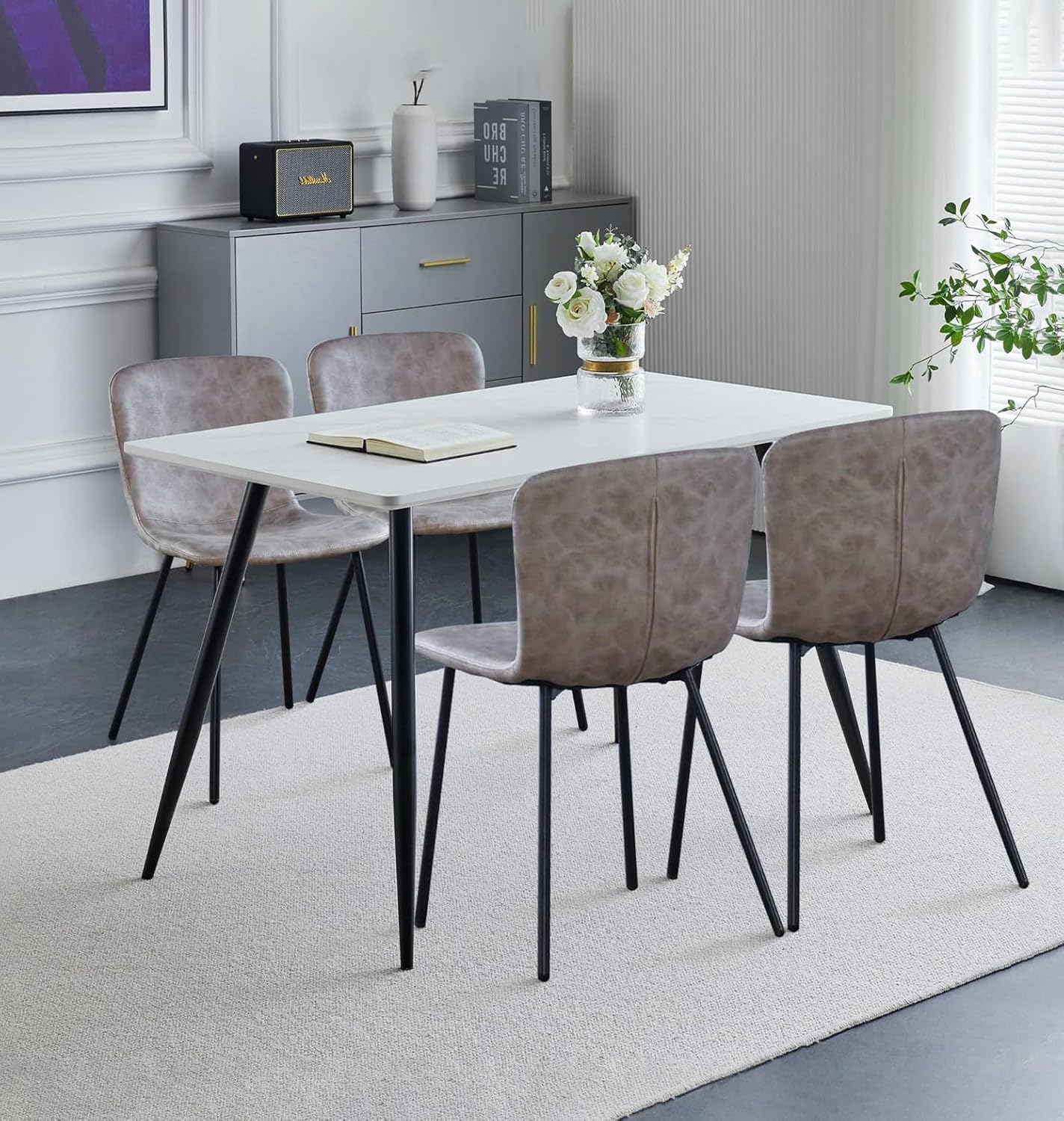 Hallowood Furniture Cullompton Small Dining Table and Chairs Set of 4, White Marble Effect Kitchen Table (120x70cm) & Grey Leather Effect Dining Chair, Dining Room Set for Home,...