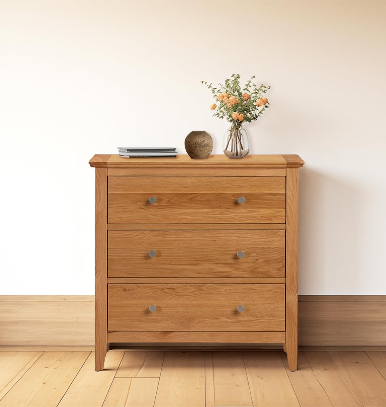 Hallowood Furniture Hereford Oak Bedroom Chest of Drawers, 3 Drawer Storage Unit, Light Oak Wooden Storage Chest, Living Room, Hallway & Bedroom Storage Drawers