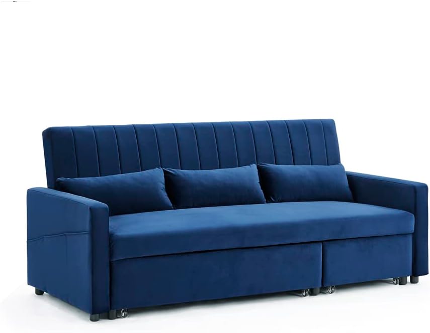Home Detail 3 Seater Sofa Bed Pull-Out Grey Blue Velvet Grey Linen Storage Chaise (Blue Velvet)