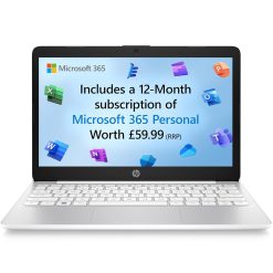HP Stream 11" Laptop, Intel Celeron N4120, 4GB RAM, 64GB eMMC, Intel UHD Graphics, HD Display, Win 11, Up to 14hrs battery, MS 365 Personal 12 month, Diamond White, 11-ak0028sa