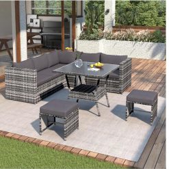 Jtyca Garden Furniture, 7 Seater Rattan Garden Patio Corner Sofa Set, Outdoor Furniture with High Glass Table Top Dining Table, 5 Piece Patio Furniture Set with Cushions (Grey)