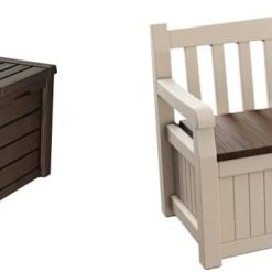 Keter 247660 Westwood 570L Outdoor Storage Box - Brown & Eden Bench 265L Outdoor Garden Storage Box Garden Furniture - Beige and Brown
