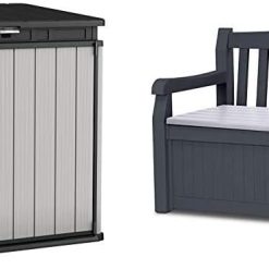 Keter Store It Out Premier XL Outdoor Plastic Garden Storage Shed, Grey and Black, 141 x 82 x 123.5 cm & Eden Bench Outdoor Storage Box Garden Furniture, Graphite and Grey,...