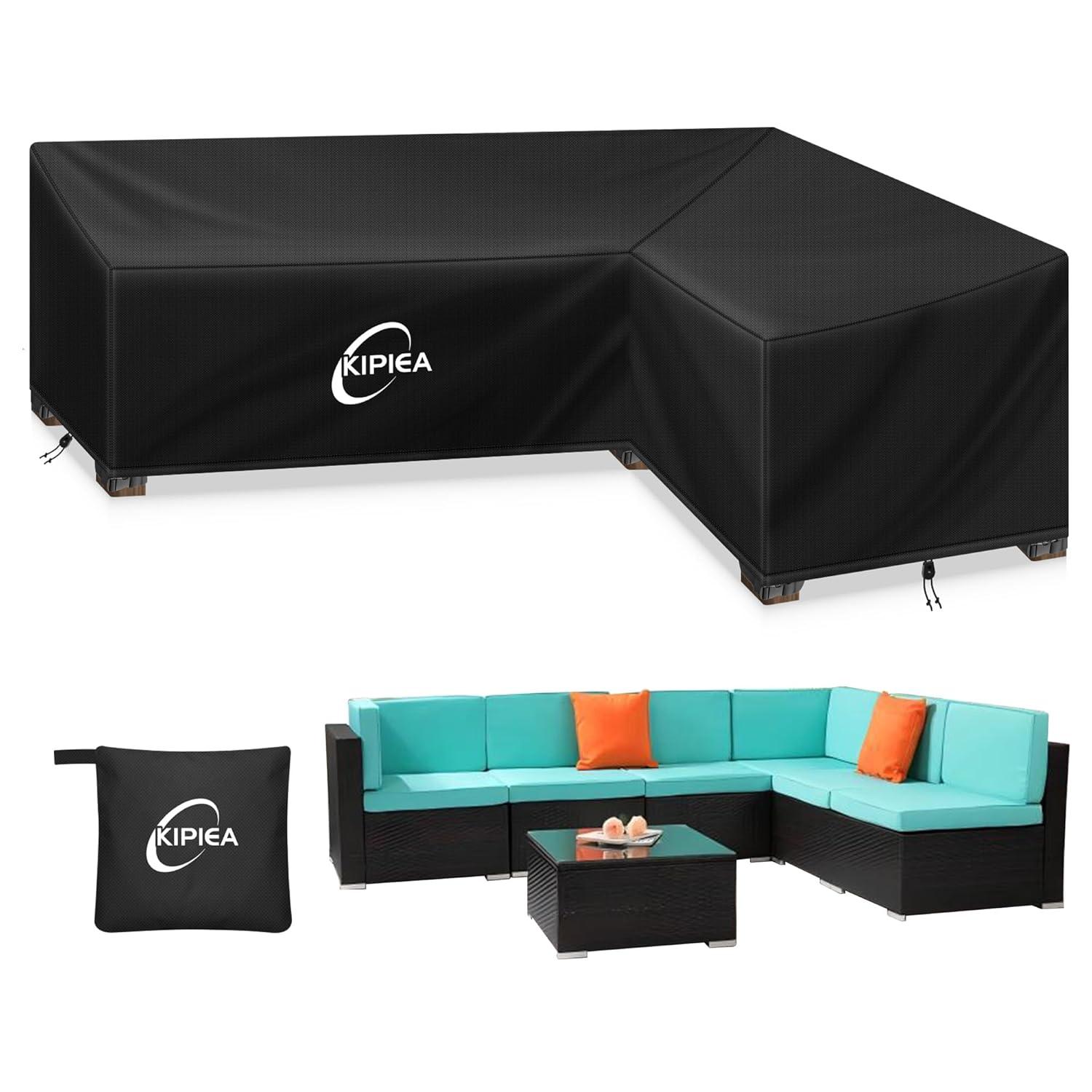 Kipiea L Shaped Garden Furniture Covers Waterproof, 420D Heavy Duty Oxford Fabric Outdoor Rattan Corner Sofa Covers with Windproof, Garden Sofa Cover, Anti-UV, Ripstop (Right...